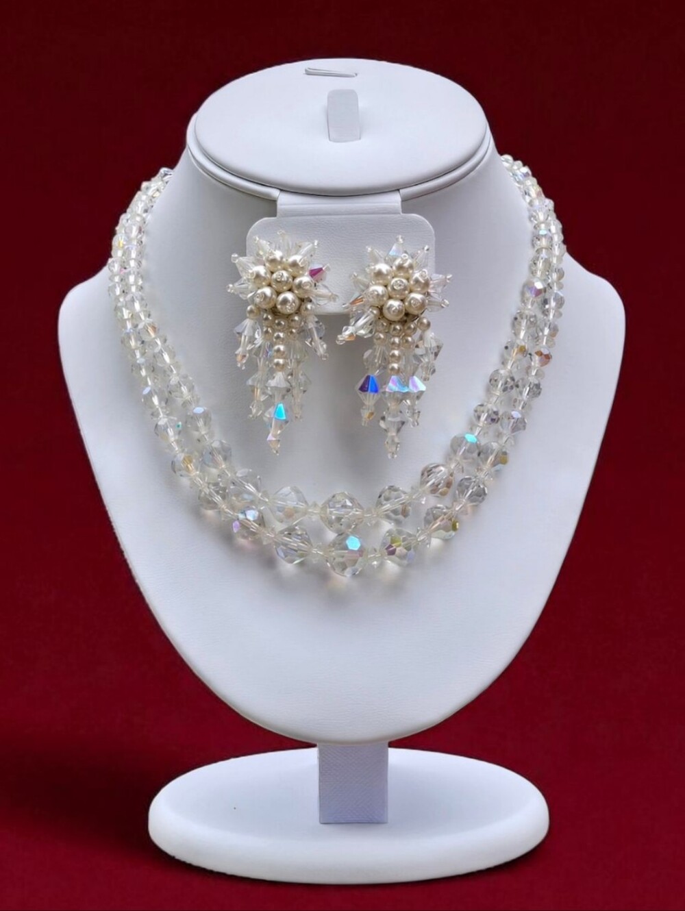 Vintage Crystal Necklace and Crystal Fuax Pearl Earrings Jewelry Set